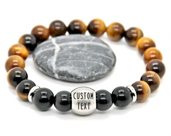 Custom bracelet men gift. Personalized beaded coordinates jewelry. Initials engraved stones black brown. ID name kids family daddy bracelet