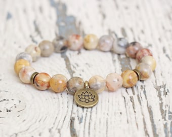 Lotus bracelet agate beads. Gift for her. Mala beaded bracelet. Women yoga charm jewelry
