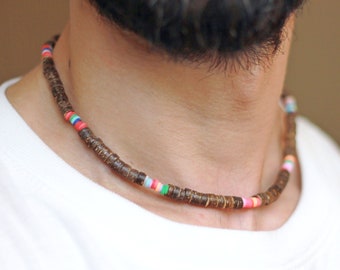 Men necklace choker coconut jewelry. Short mala boho. Surfer gift summer necklace. Brown colorful african beads gift for brother