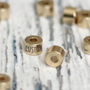Engraved beads custom spacer. Personalized small 6mm connector. Golden column round blanks. Bulk beads bracelet. Metal stainless steel tube