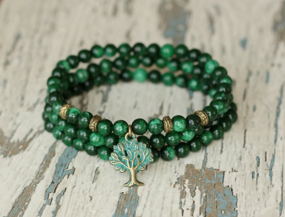 Bead Bracelet with Spacers and Accent Charms Green Beads with Tree of Life Charm