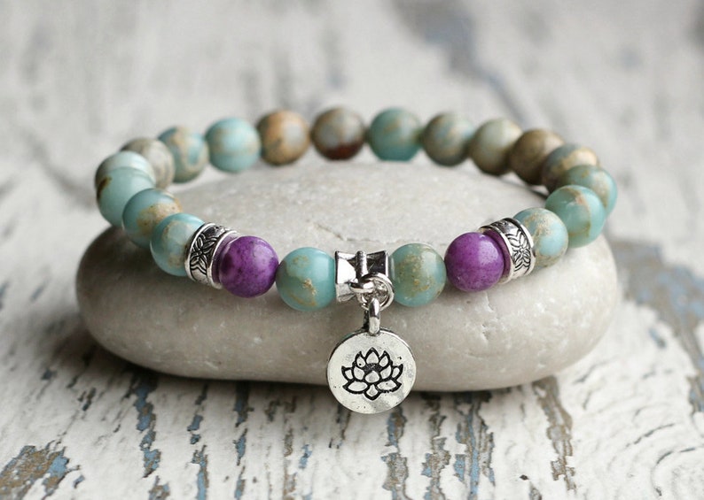 Lotus bracelet gemstone women bracelet lotus charm yoga beaded Etsy