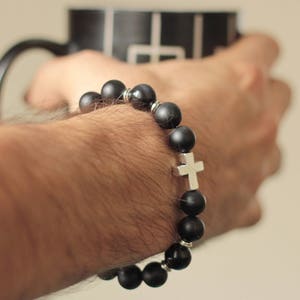 Mens jewelry cross Bracelet Gift under 30 christian layering bracelet beaded stone gift for him black agate 10mm men's cross bracelet string image 3