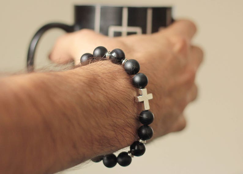 Mens jewelry cross Bracelet Gift under 30 christian layering bracelet beaded stone gift for him black agate 10mm men's cross bracelet string image 3