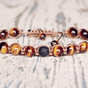 Knotted bracelets shamballa brown tiger eye. Cord bracelet beaded jewelry. Everyday adjustable bracelet healing mens gift braided good luck image 2