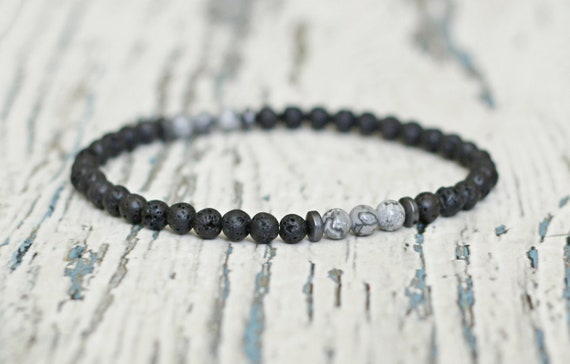 STONE BEAD BRACELET 4 MM DARK GREY W/SILVER STONE BEAD BRACELET 4 MM DARK GREY W/SILVER