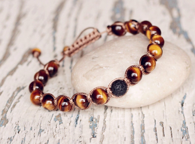 Knotted bracelets shamballa brown tiger eye. Cord bracelet beaded jewelry. Everyday adjustable bracelet healing mens gift braided good luck image 1