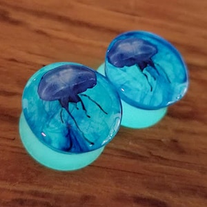 Glow in the Dark/ Day Deep Water Jellyfish Ear Plugs, Gauges For Stretched Ears. Double Flared. 1 pair.