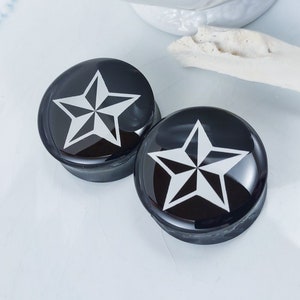 Black and White Star Ear Plugs/ Gauges For Stretched Ears. Double Flared. 1 pair.
