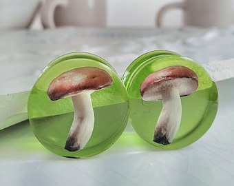 Green Translucent Mushroom Ear Plugs/ Gauges For Stretched Ears. Double Flared or Single Flared. 1 pair.