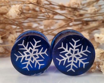 Winter Blue Snowflake Ear Plugs/ Gauges For Stretched Ears. Double Flared or Single Flared. 1 pair.