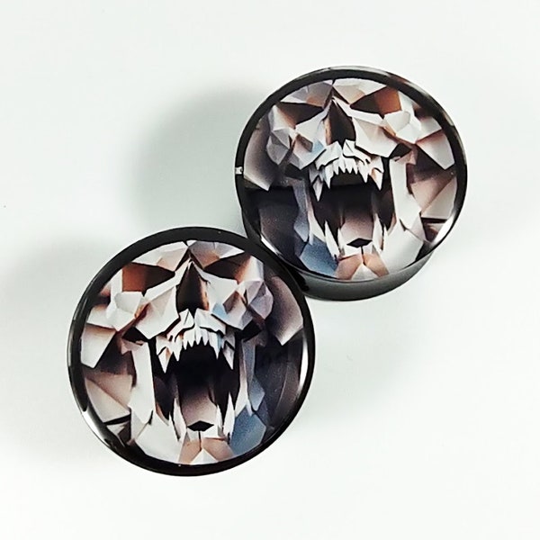 Screaming Skull Origami Ear Plugs/ Gauges For Stretched Ears. Double Flared. 1 pair.