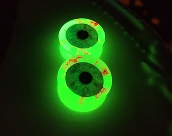 Glow in the dark/ day Eyeball Ear Plugs/ Gauges For Stretched Ears. Double Flared. 1 pair. Made with LIT powder.