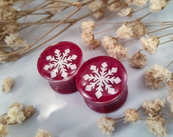 Winter Red Snowflake Ear Plugs/ Gauges For Stretched Ears. Double Flared or Single Flared. 1 pair.
