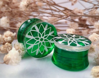 Winter Green Snowflake/ Ornament Ear Plugs/ Gauges For Stretched Ears. Double or Single Flared. 1 pair.