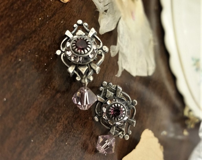 Vintage Purple Clip On Earrings with Rhinestones