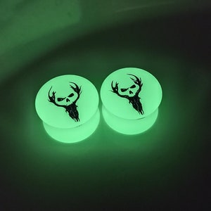 Glow in the dark/ day Buck Skull Ear Plugs/ Gauges For Stretched Ears. Double Flared. 1 pair. Made with LIT powder. Halloween.