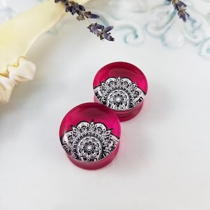 Hot Pink Translucent Mandala Ear Plugs/ Gauges For Stretched Ears. Double Flared. 1 pair.