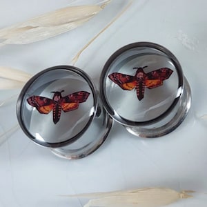 Red Death's Head Moth Ear Plugs/ Gauges For Stretched Ears. Double Flared. 1 pair.