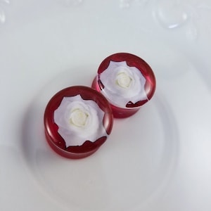 Red Translucent with White Rose Ear Plugs, Gauges For Stretched Ears. Double Flared. 1 pair. Flower Plugs.