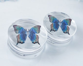 Rainbow Butterfly Clear Resin Ear Plugs/ Gauges For Stretched Ears. Double Flared or Single Flared. 1 pair.