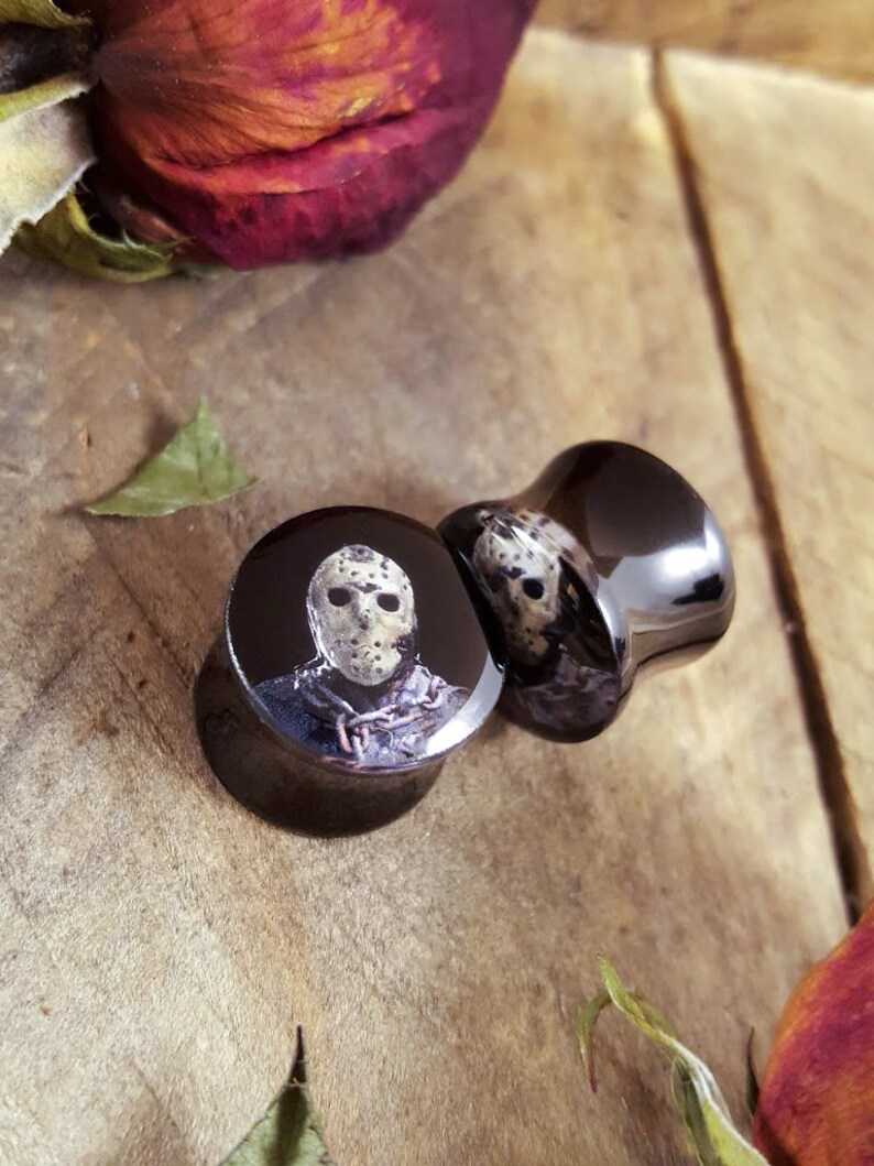 Jason Friday the 13th Ear Plugs 1 pair Gauges For Stretched Ears Double Flared Horror Plugs.