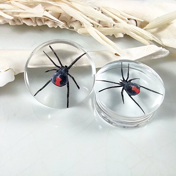 Black Widow (not real, a cut out) Ear Plugs/ Gauges For Stretched Ears. Double Flared. 1 pair.