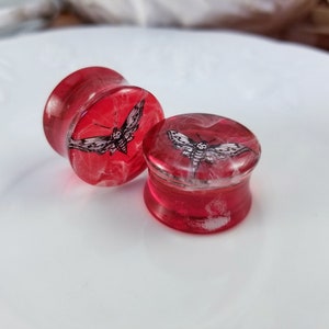 Red Death&#39;s-Head HawkMoth Ear Plugs with smoke streaks, Gauges For Stretched Ears. Double Flared. 1 pair. Horror Plugs.