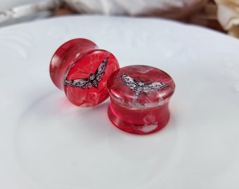 Red Death's-Head HawkMoth Ear Plugs with smoke streaks, Gauges For Stretched Ears. Double Flared. 1 pair. Horror Plugs.