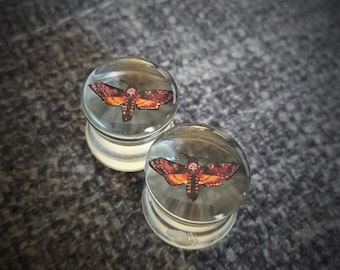 Red Death&#39;s Head Moth Ear Plugs/ Gauges For Stretched Ears. Double Flared. 1 pair.