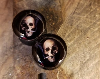 Skull Smoking a Joint Ear Plugs/ Gauges For Stretched Ears. Double Flared. 1 pair.