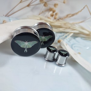 May include: A set of three silver ear gauges with a black background and a green luna moth design.