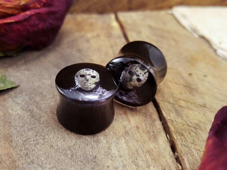 Jason Friday the 13th Ear Plugs 1 pair Gauges For Stretched Ears Double Flared Horror Plugs.