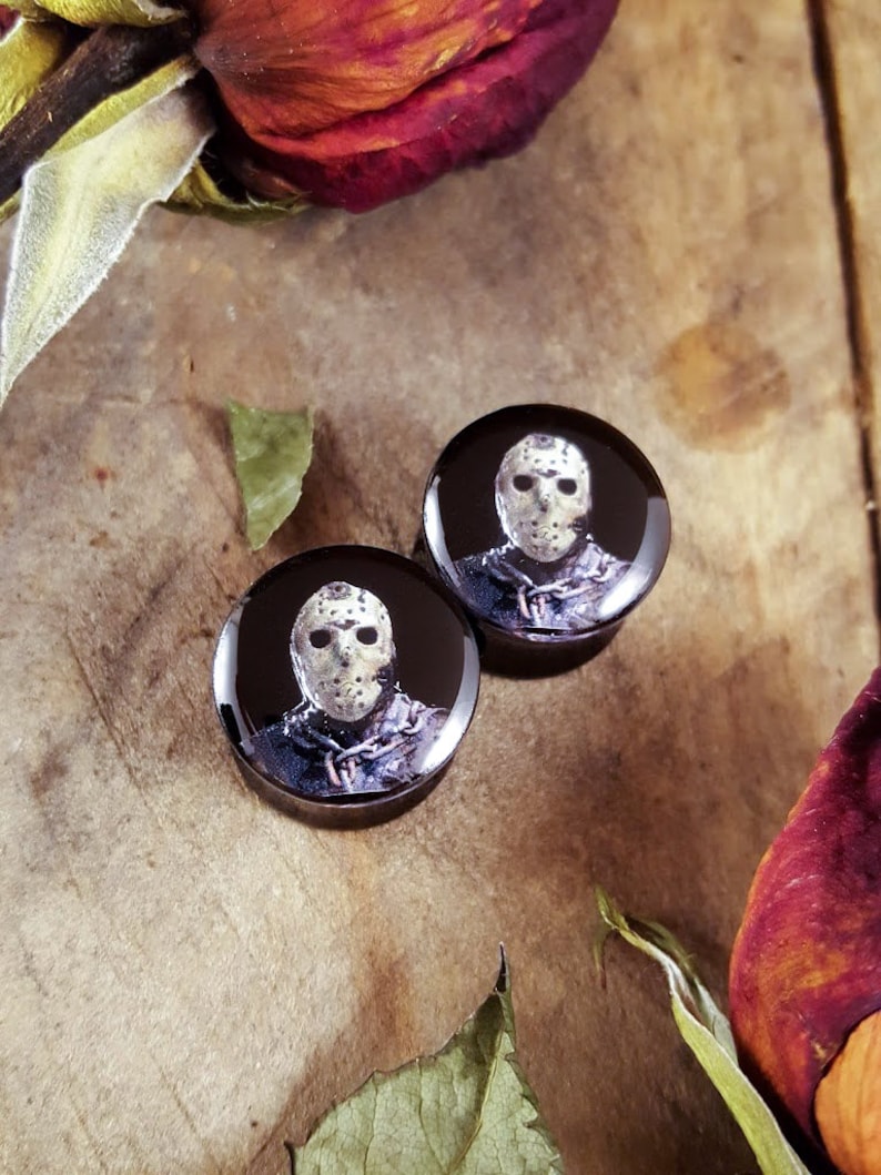 Jason Friday the 13th Ear Plugs 1 pair Gauges For Stretched Ears Double Flared Horror Plugs.