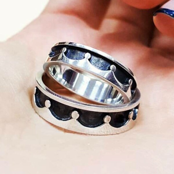 Free Engraving set sterling silver crown promise rings, personalized couple rings, couple ring set, His and Hers, promise ring