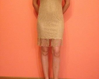 Spedizione gratuita!!!Abito corto in pizzo vintage con lucentezza dorata/abito da discoteca/abito da sera senza maniche. Taglia S/M, UK 6/8, EU 36/38