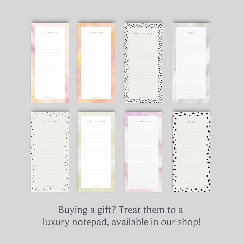 May include: Eight different designs of notepad paper with a variety of patterns and colors. The designs include "I Love Lists", "Get It Done", "Make It Happen", and "To Do".