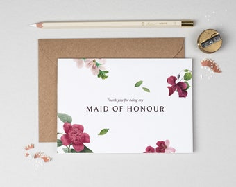 Thank you Maid of Honour Card, Botanical Maid of Honour Card, Maid of Honour, Floral Maid of Honour Card, Vintage Maid of Honour Card