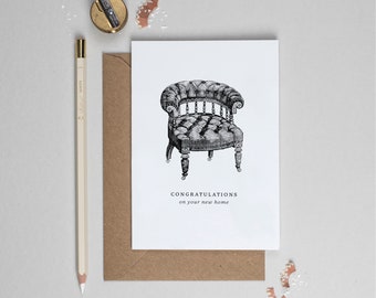 New Home Card, Housewarming Card, New House Card, Vintage New Home Card, Moving House Card, Monochrome New Home Card, Armchair Illustration