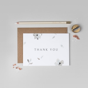 Cartão de agradecimento de casamento, cartão de agradecimento floral, cartão de agradecimento em aquarela cinza, cartão de agradecimento moderno, cartão de agradecimento mínimo