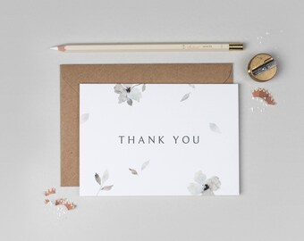 Thank you wedding card, floral thank you wedding card, grey watercolour thank you card, modern thank you card, minimal thank you card