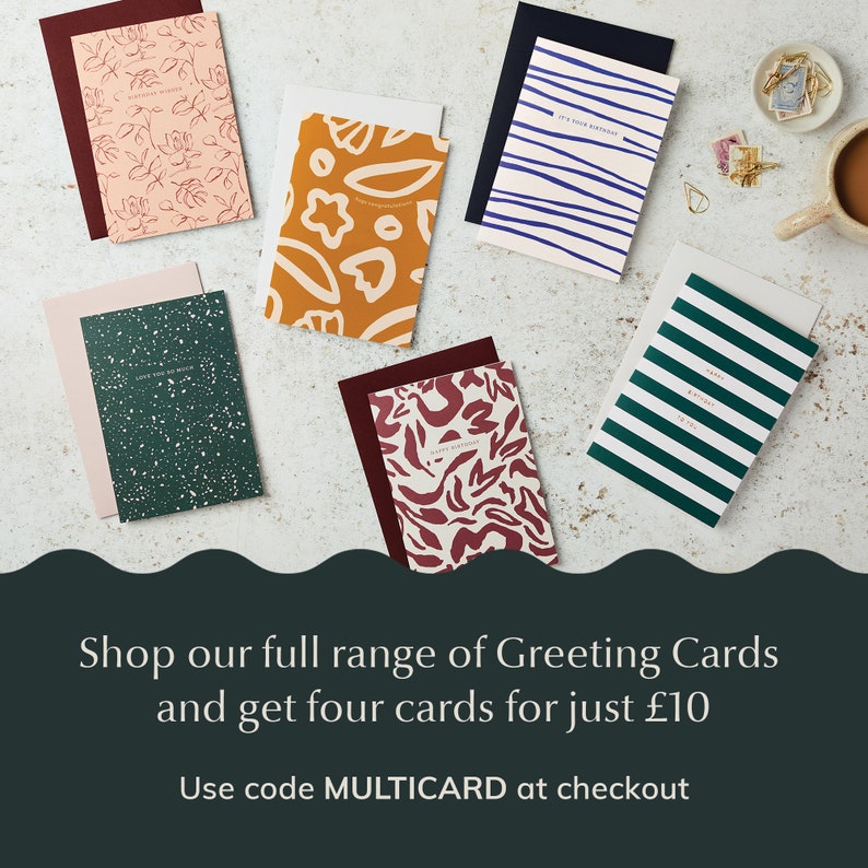 May include: Assortment of greeting cards with various colorful abstract designs. The cards are arranged on a white surface. The text on the cards reads "Happy Birthday", "It's Your Birthday", "Love You So Much", and "Happy Birthday". The text at the bottom of the image reads "Shop our full range of Greeting Cards and get four cards for just &pound;10. Use code MULTICARD at checkout."