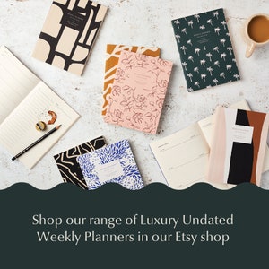 May include: A collection of weekly planners with various colorful and patterned covers. The covers feature abstract designs, floral patterns, and palm trees. The planners are undated and perfect for organizing your schedule.