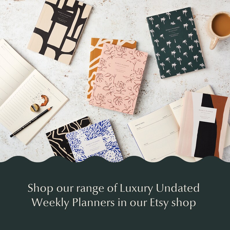 May include: A collection of weekly planners with various colorful and patterned covers. The covers feature abstract designs, floral patterns, and palm trees. The planners are undated and perfect for organizing your schedule.