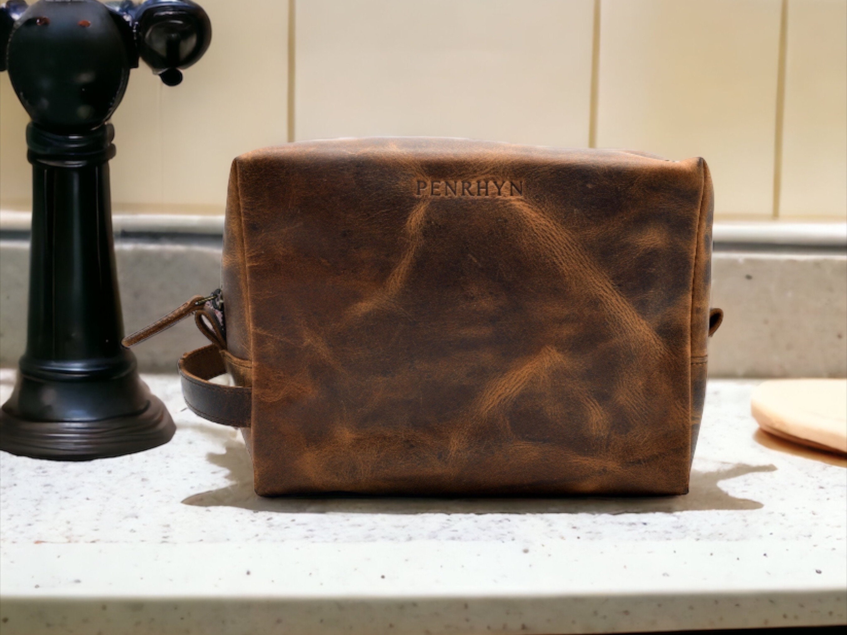 Mens Toiletry Bag, Personalized Leather Dopp Kit, 3rd Anniversary