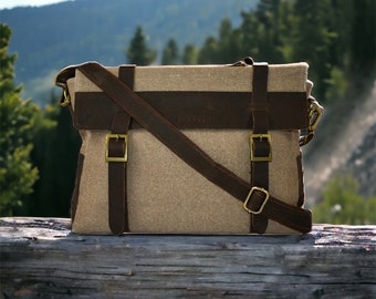 Waxed Canvas Messenger Bag | Full-Grain Leather Messenger Bag | Canvas Messenger Bag | Laptop Bag | Travel Satchel | Leather Satchel