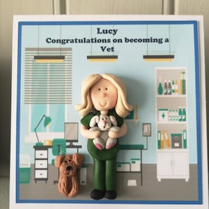 Veterinário, enfermeiro veterinário com tema de agradecimento, parabéns, feliz aposentadoria, cartão de aniversário personalizado com figura de argila