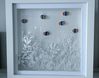 Rainbow bees mixed media paper cut wall art / wall decor