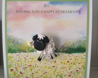 Personalised birthday, retirement, Easter/ birthday/ Retirement sheep in the meadow card by Hot Dough Creations