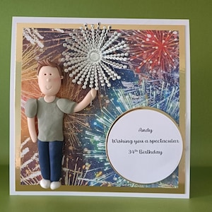 Personalisierte Geburtstagskarte mit Tonfigur / Feuerwerk-Motiv für jedes Alter